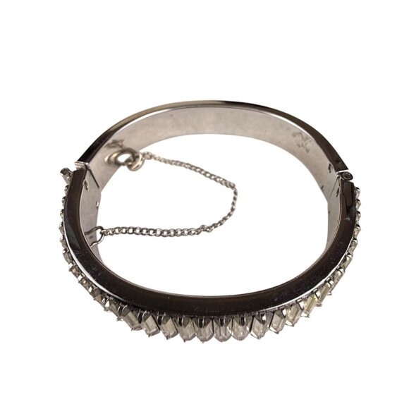 Vintage Silver Tone Womens Hinged Bracelet With Baguette-Cut Glass Accents - Picture 2 of 5